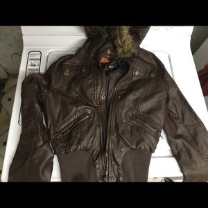 Brown leather bomber jacket